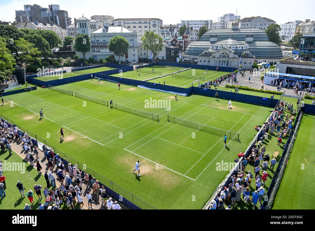 Eastbourne, UK, 24 June 2024. A birdseye view of the practice courts during the Rothesay
