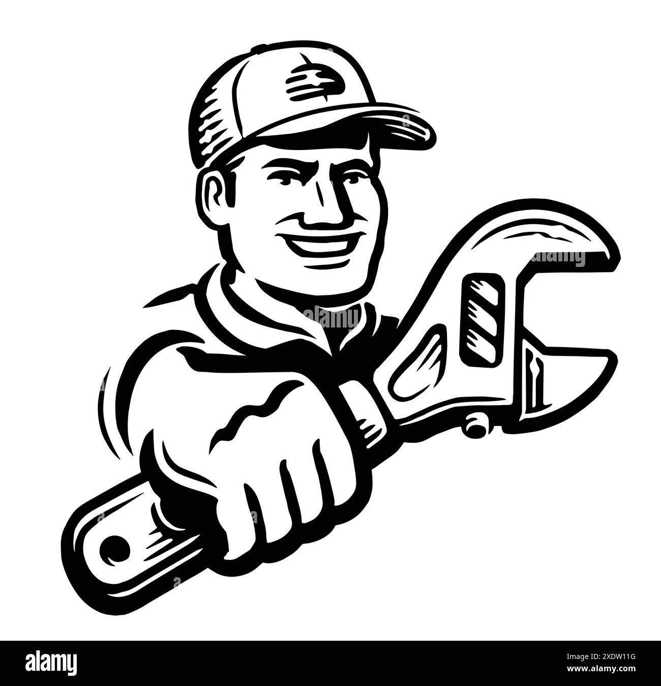 Mechanic, technician with adjustable wrench, tool emblem. Construction