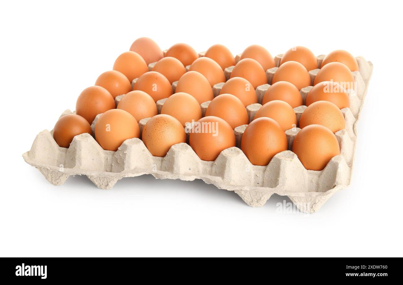 Chicken eggs in cardboard box on white background Stock Photo - Alamy