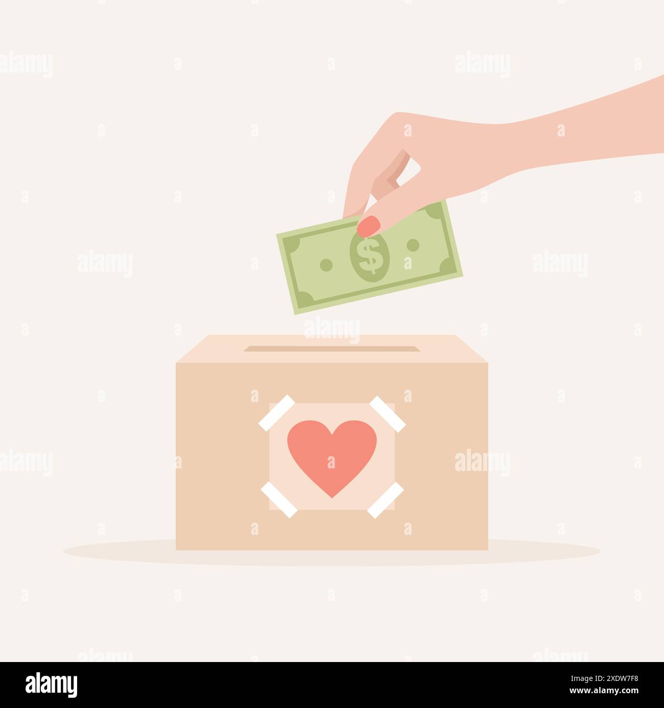 Money In The Box A female hand putting a dollar bill into a charity box with a heart on ...
