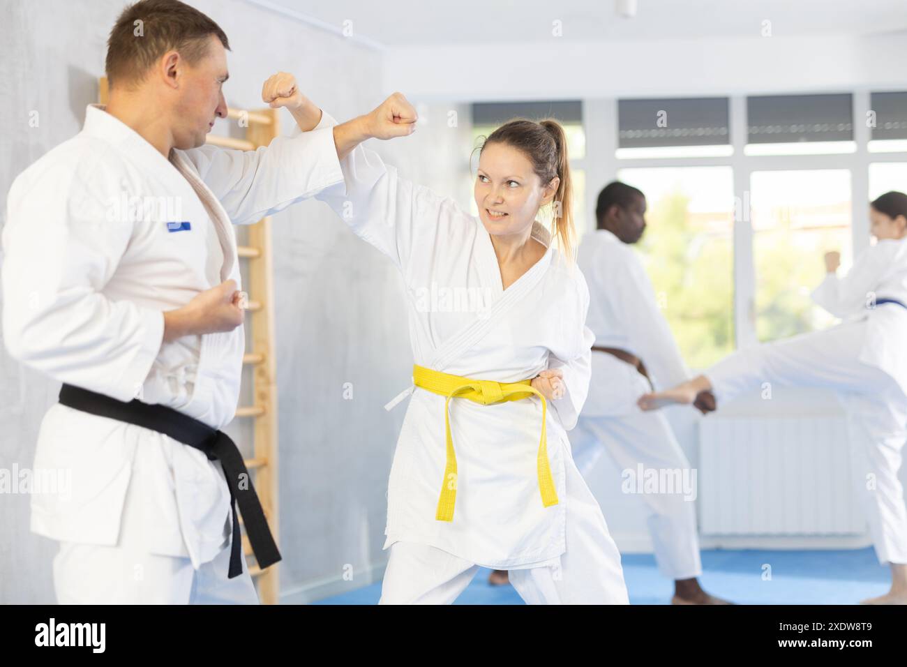 Middle-aged woman attendee of karate classes fighting with her opponent ...