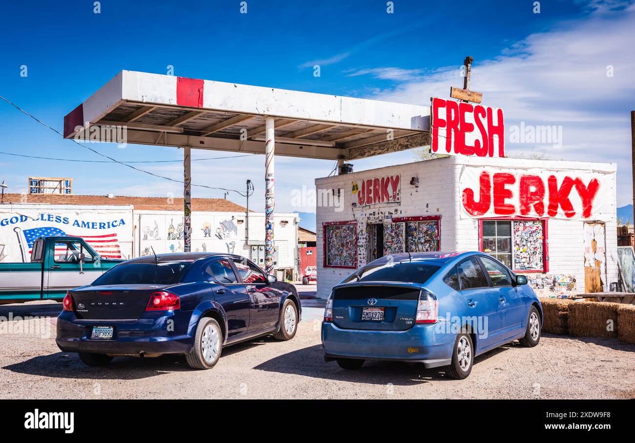 Olancha, California USA - March 26, 2017: Gus' Fresh Jerky roadside stand near Death Valley National Park. Stock Photo