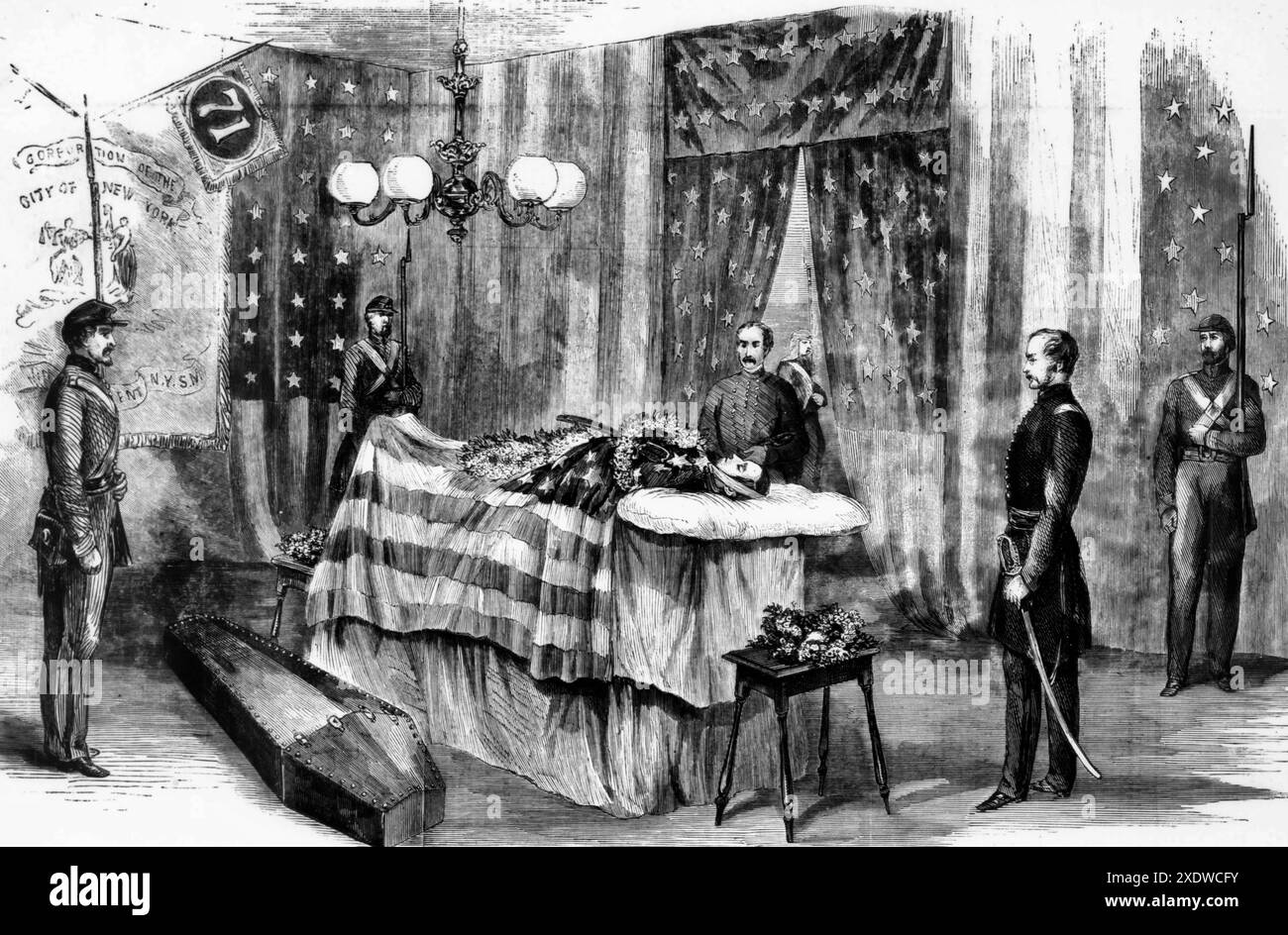The remains of the late Colonel Vosburgh, of the Seventy-First Regiment, lying in State at the Navy Yard, Washington DC, May 20, 1861 Stock Photo