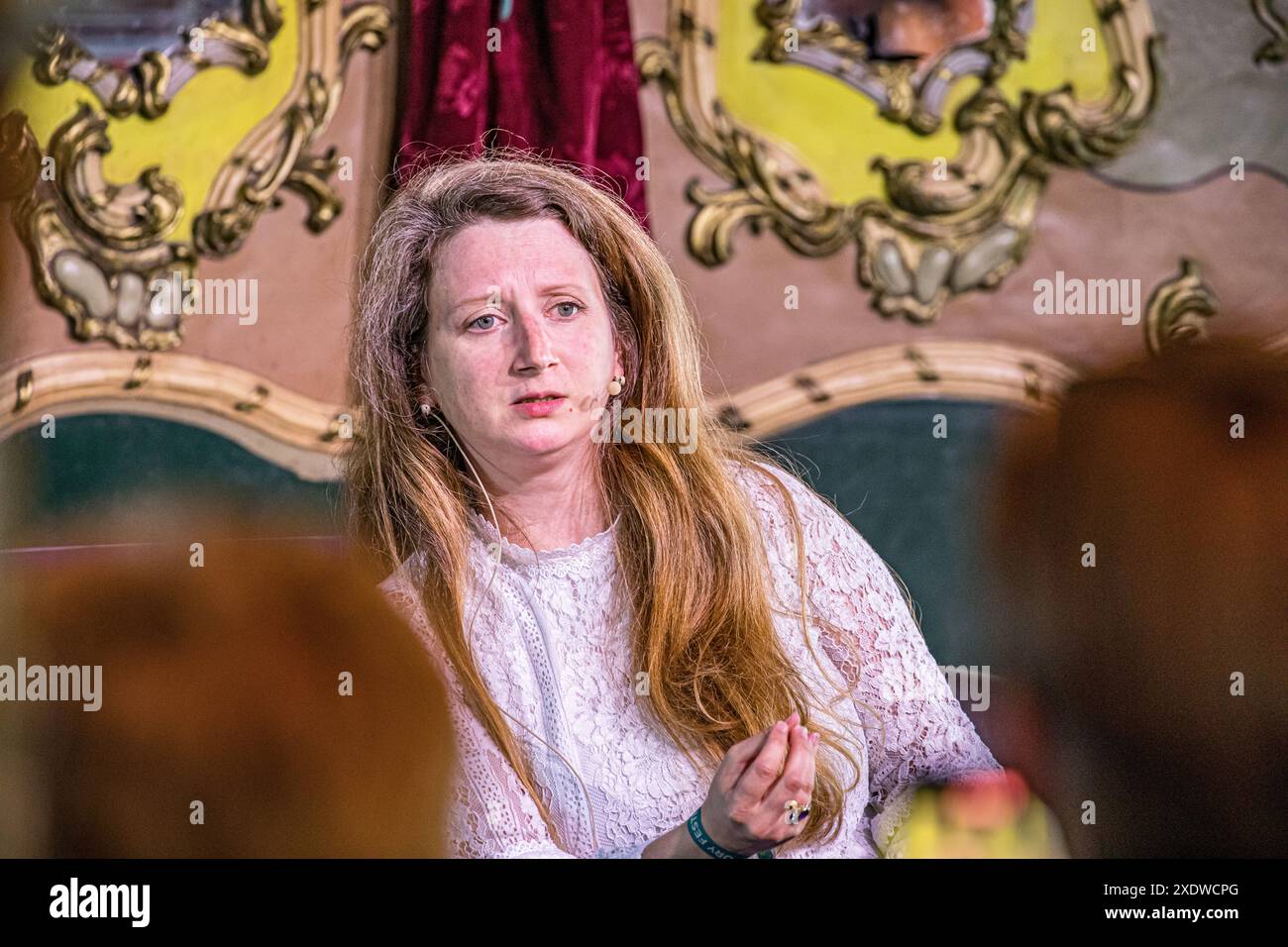 BROADCHALKE, WILTSHIRE, UK, 24th June, 2024, Estelle Paranque speaking at Chalke History Festival, the UK's leading history festival on its opening day. The event attracts hundreds of thousands of history enthusiasts, including tens of thousands of school children. Credit John Rose/Alamy Live News Stock Photo