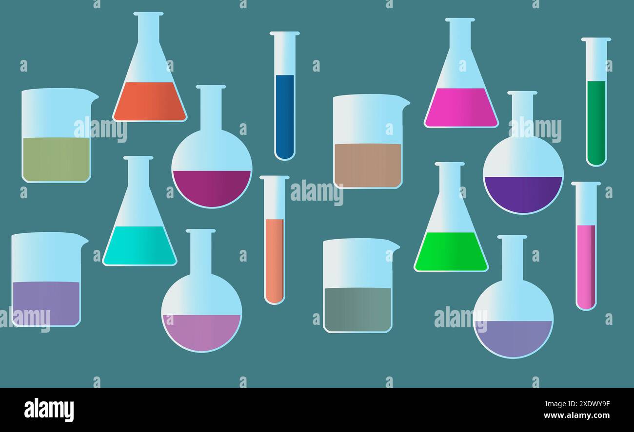 Labratory glassware including beakers, flasks and test tubes are seen in a graphic background imge. Stock Photo