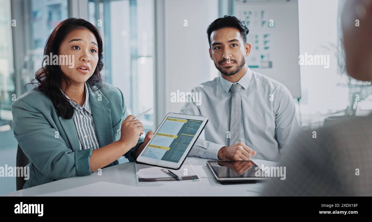 Job interview, people and tablet screen of resume for business ...
