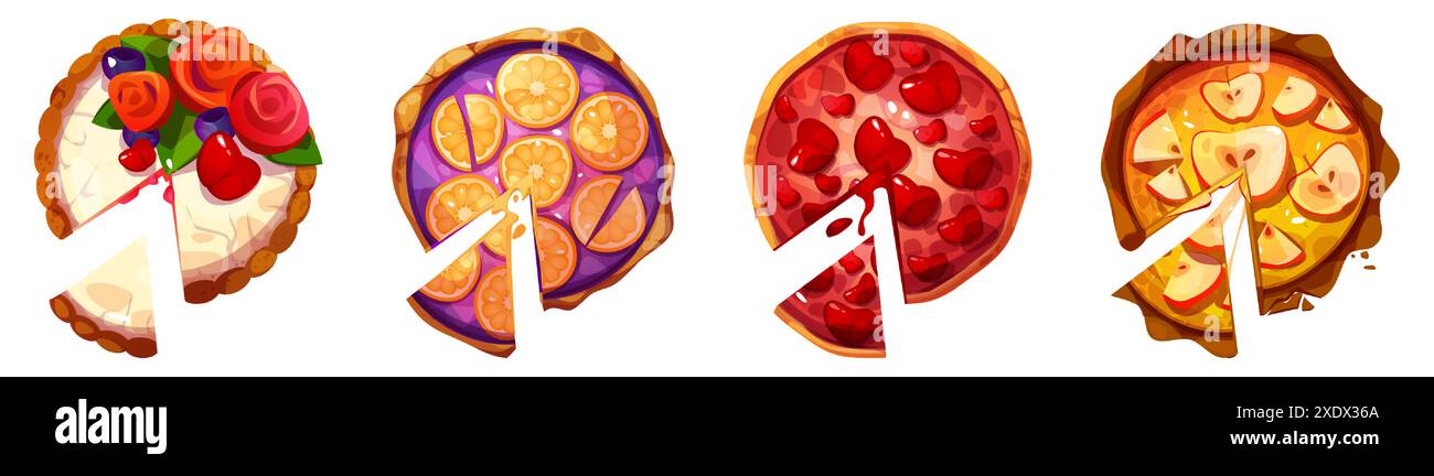 Cut fruit and vegetable pies top view set isolated on background ...
