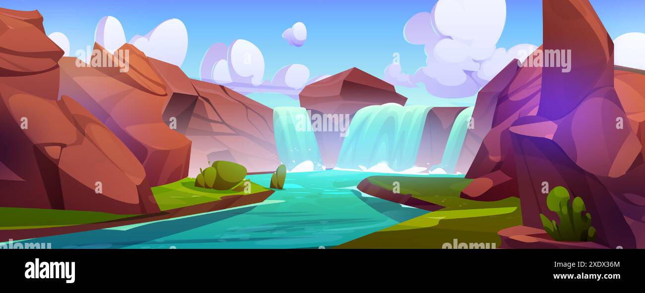 Waterfall landscape. Water fall and canyon cartoon background. Nature river scene. Outdoor prehistoric paradise in beautiful summer valley. Empty wild rocky environment with blur sky and cloud Stock Vector
