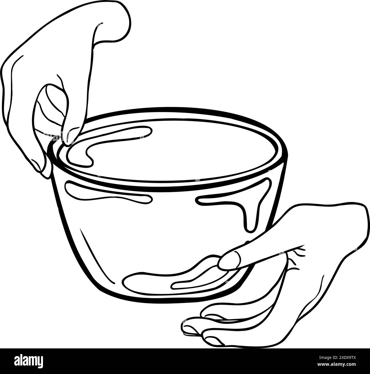 Human hands crafting clay bowl ink contour hand drawn. Two hands making