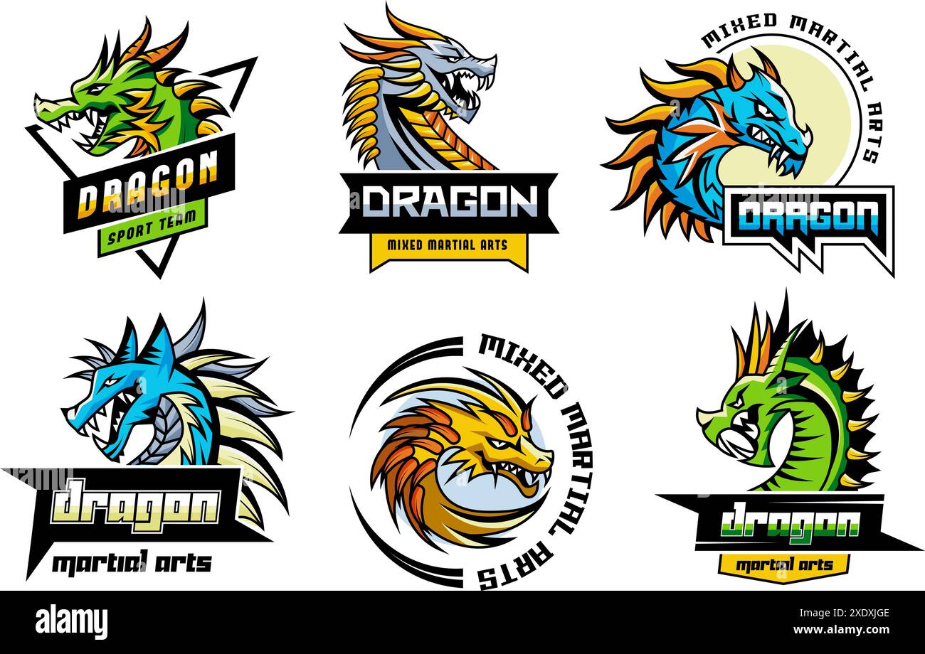 Dragon labels. Martial arts badges with pictures of strong lizard ...