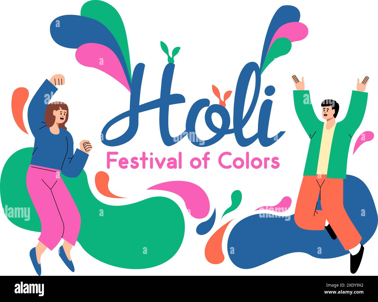 Holi festival of colors greeting card. People cheering and having a