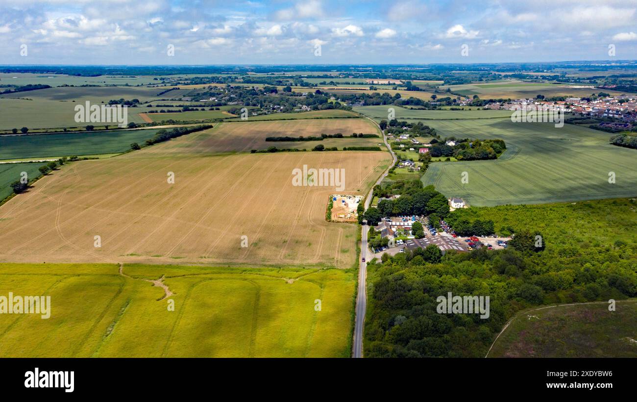 Aerial view looking along Ellens Road, with DIY Motorist on the right,    with Mill Hill and Great Mongeham, Walmer, Deal, Kent Stock Photo