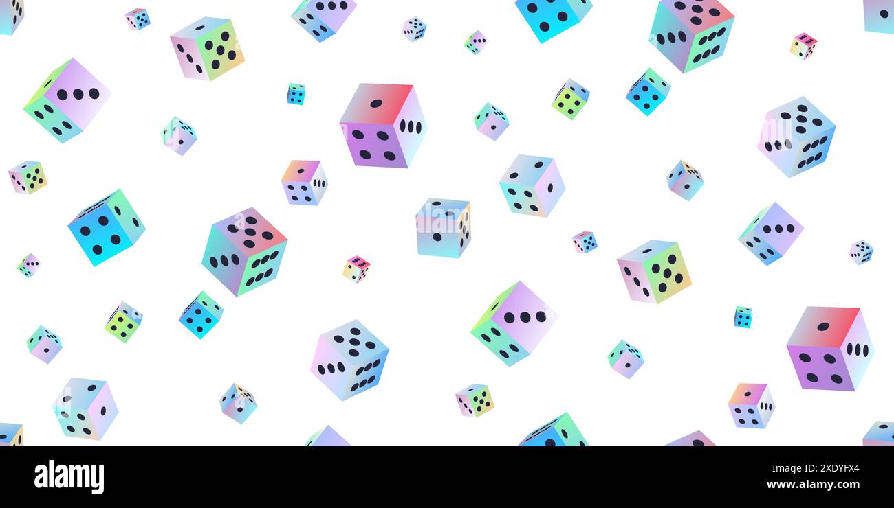 Gambling dice. Seamless pattern of polyhedral game cubes in gradient color with black dots on white. To play in casino, roll dice from one to six poin Stock Vector