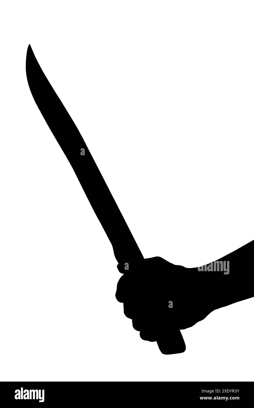 A black and white silhouette of human hand holding old long bloody kitchen knife Stock Photo