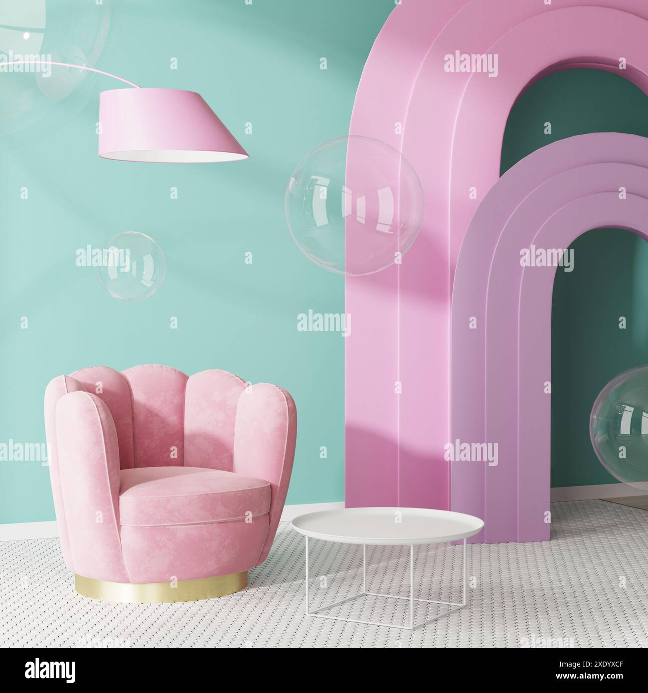 Interior design with green wall, pink furniture and arches, with soap ...
