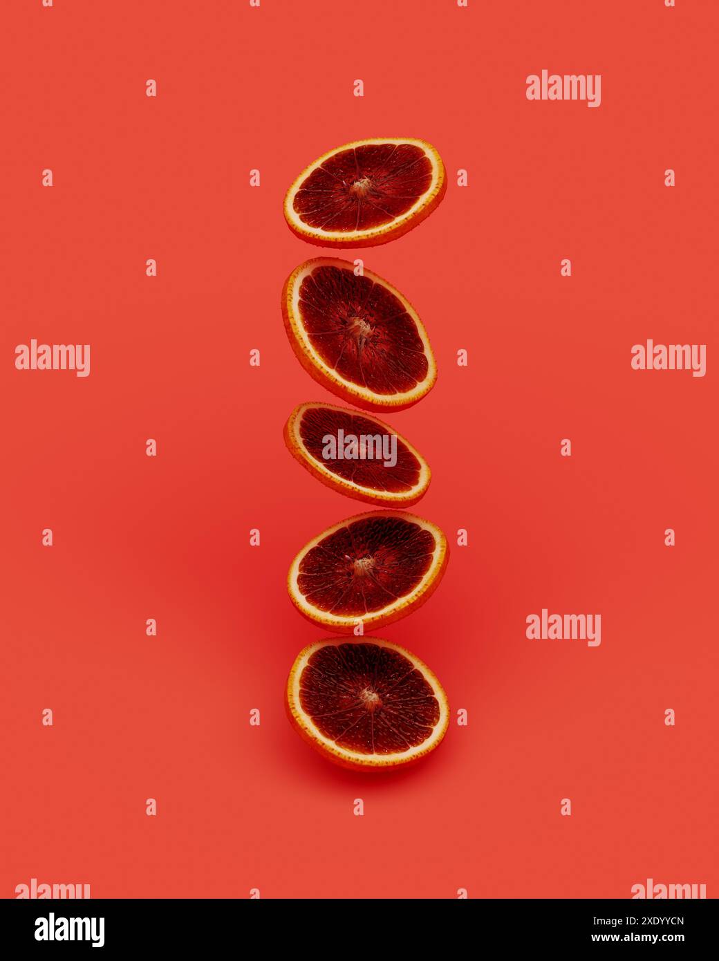 Floating/flying/falling sliced fresh graipfruit on orange background, 3d rendering Stock Photo