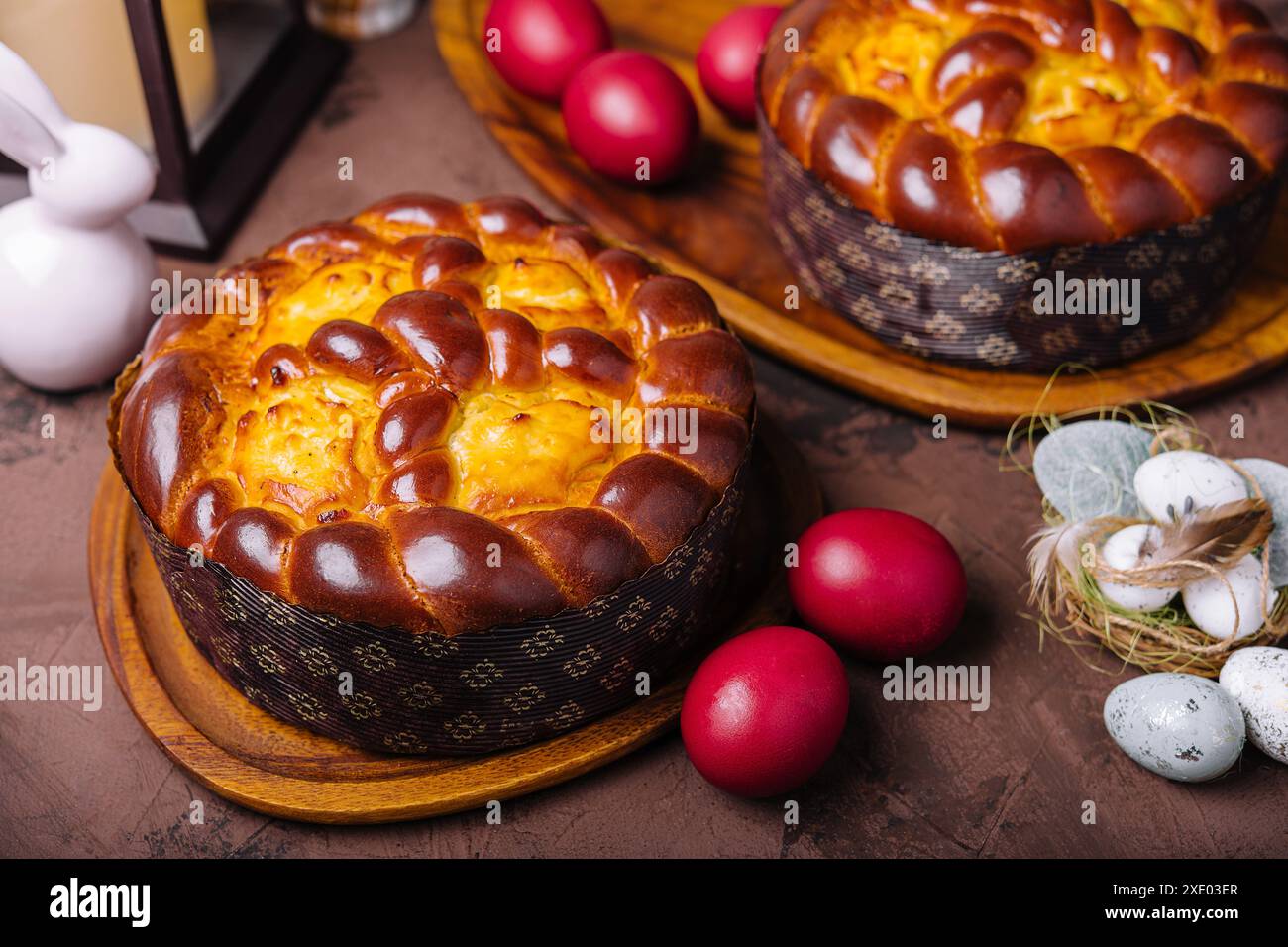 easter bread and eggs on wood Stock Photo