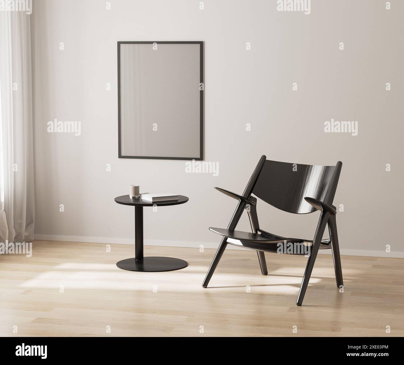 Poster frame mockup on white wall, black chair and coffee table, 3d render Stock Photo