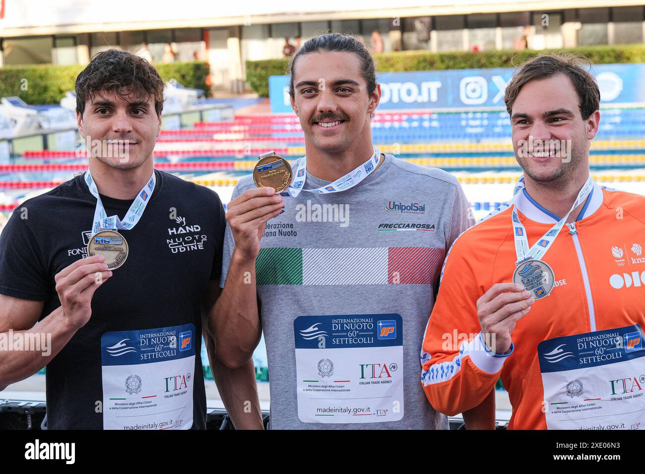 Rome, Italy. 23rd June, 2024. First place for Thomas Ceccon of Italy (C), the second Nyls Korstanje of Netherlands (R) on the third Lorenzo Gargani of Italy (L). Podium of Men 50m Butterfly Final A during the third day at the swimming internationals of the 60th Settecolli Trophy. Credit: SOPA Images Limited/Alamy Live News Stock Photo