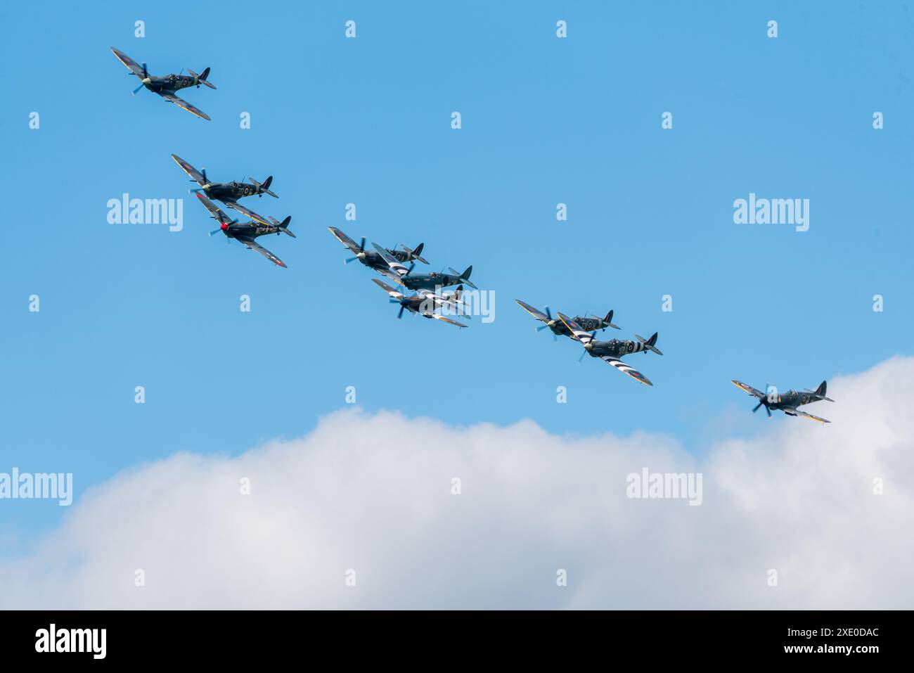 Formation of Second World War RAF Supermarine Spitfires flying at the