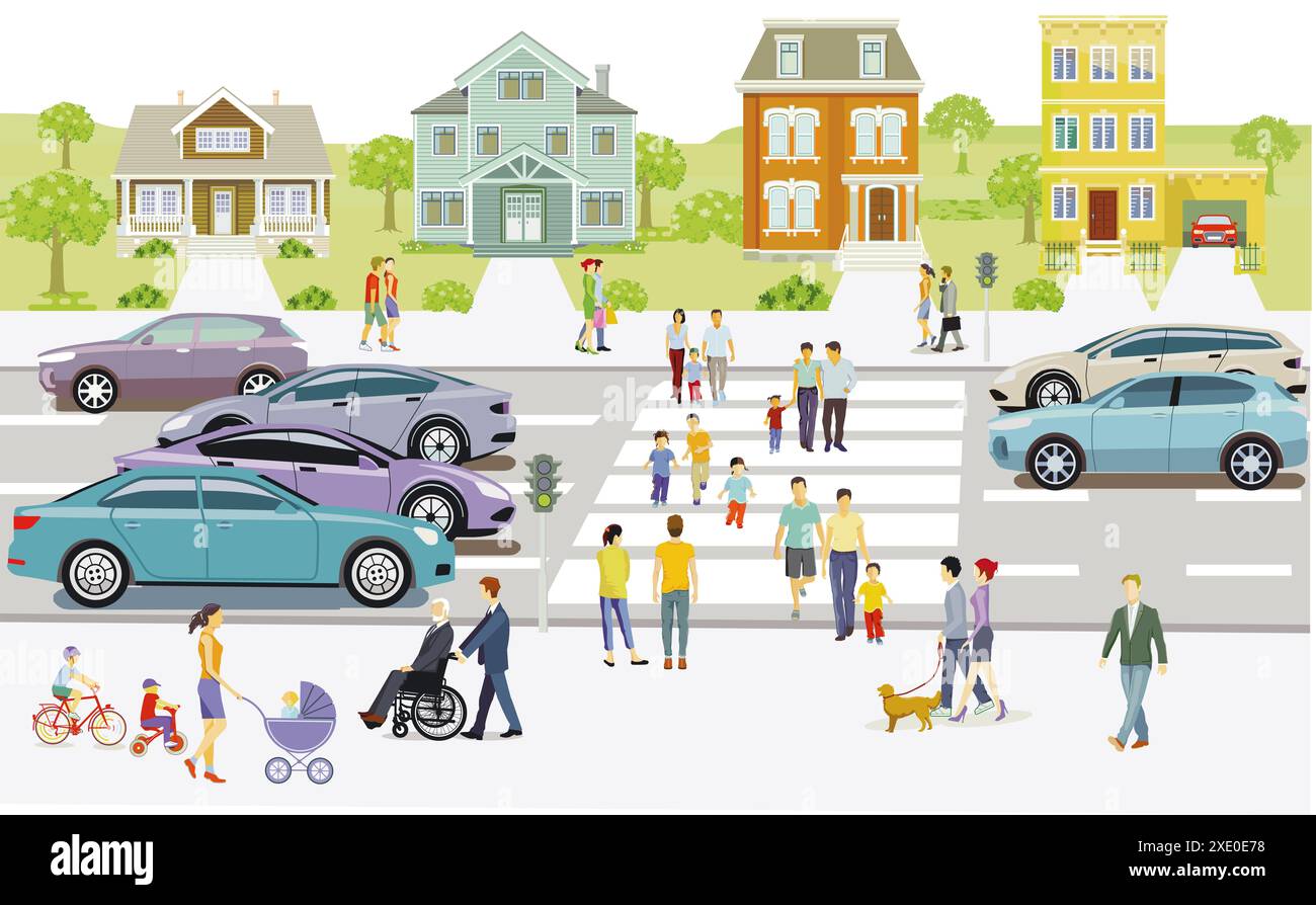Road traffic with pedestrians in the suburbs, illustration Stock Photo ...