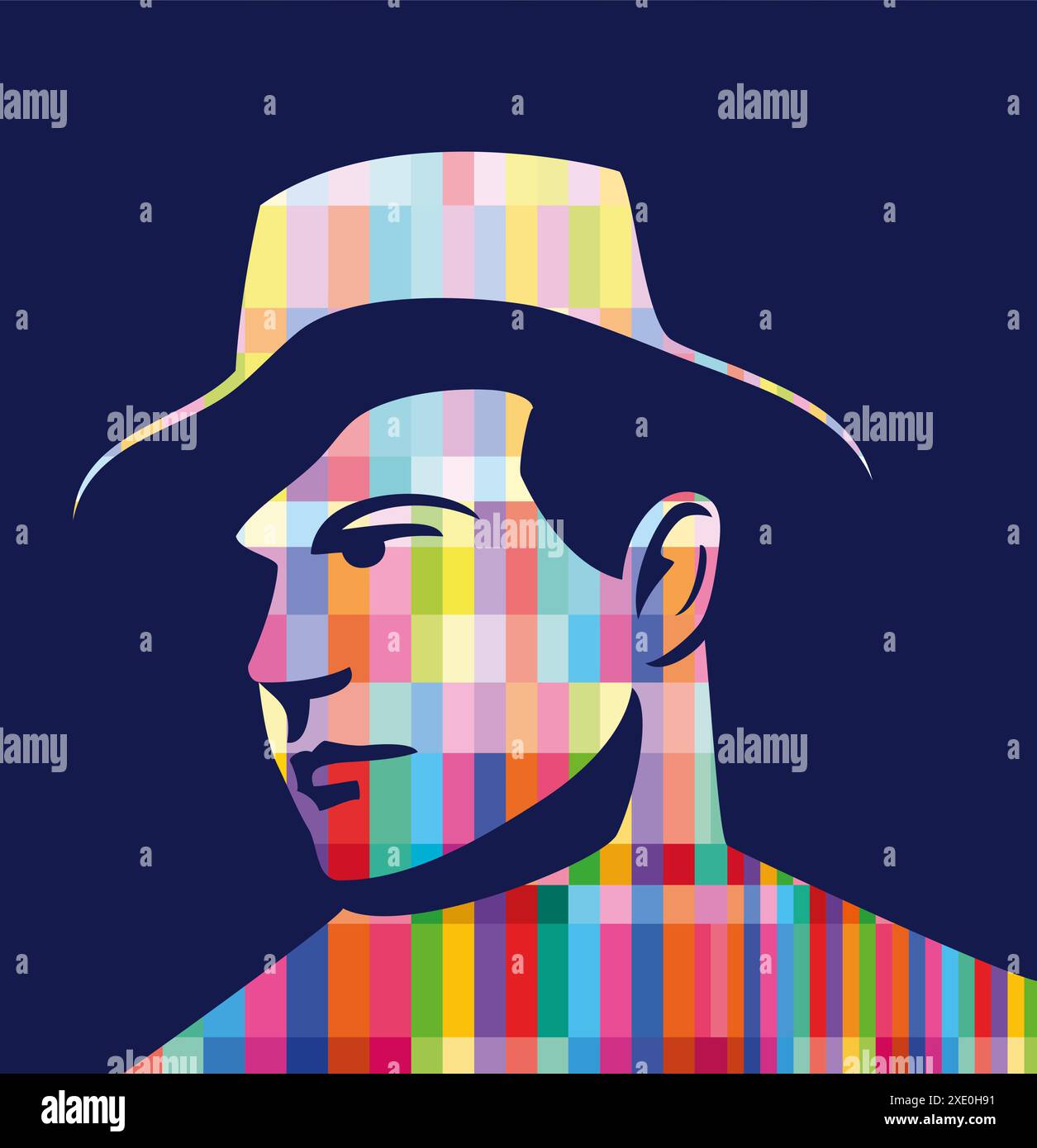 colorful abstract graphic illustration design with man in a hat profile ...