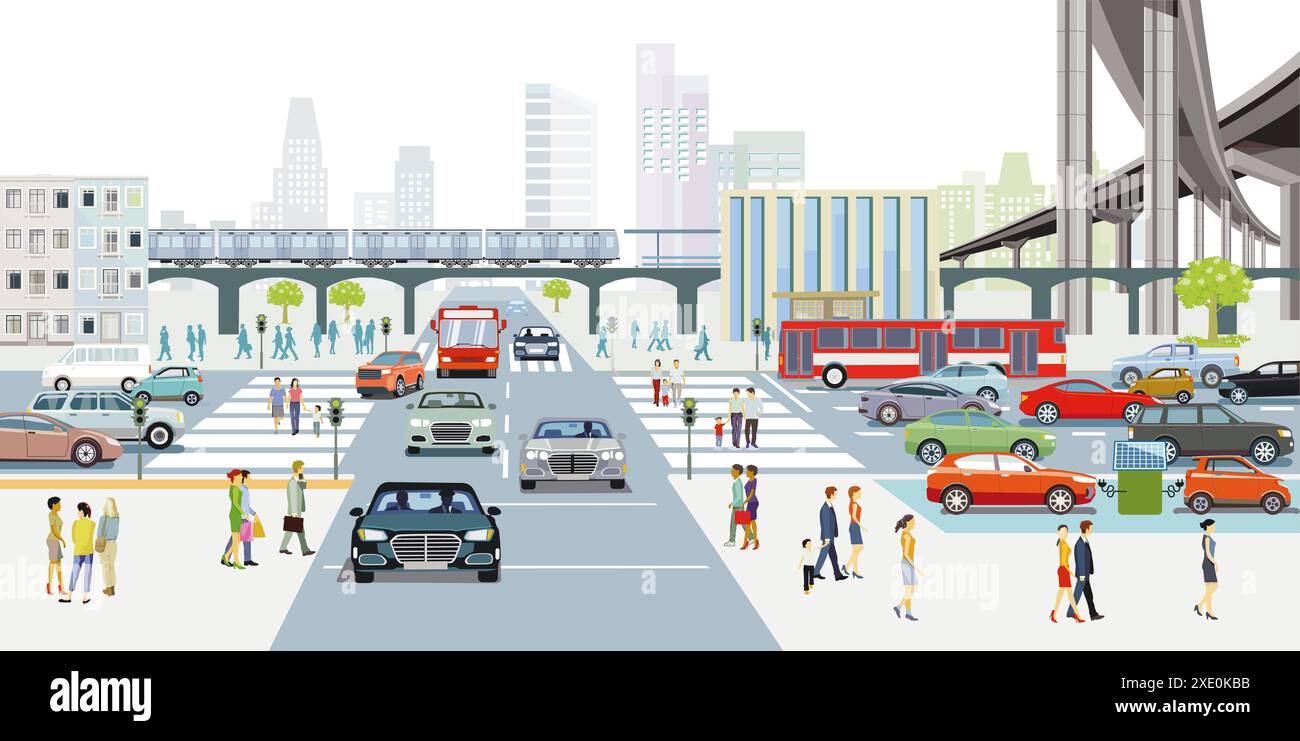 City with traffic and houses with pedestrians, illustration Stock Photo ...