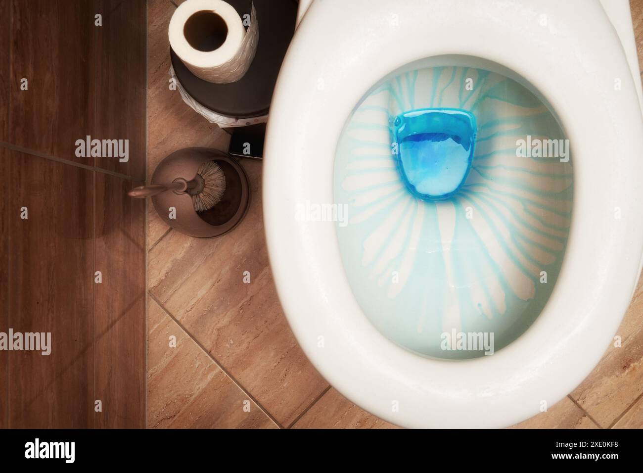 Top view of cleaning process of toilet bowl with blue soap and toilet ...