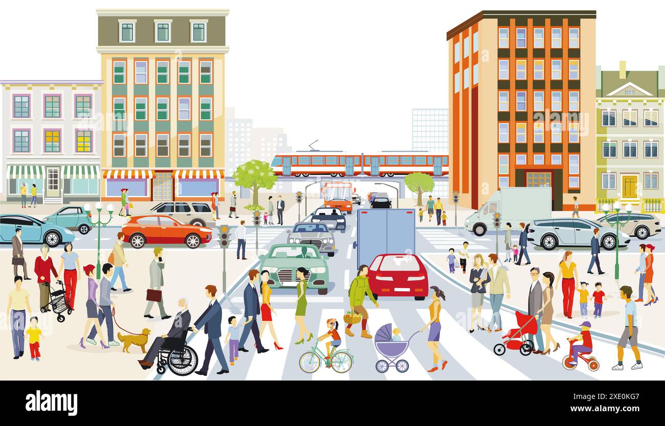 City silhouette with traffic and houses and pedestrians, illustration ...