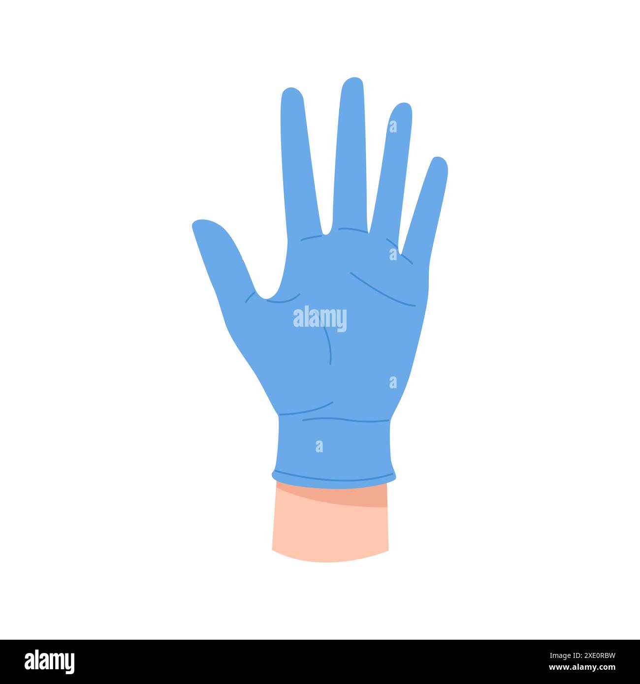 Hand of doctor in latex sterile blue glove, raised open palm vector ...