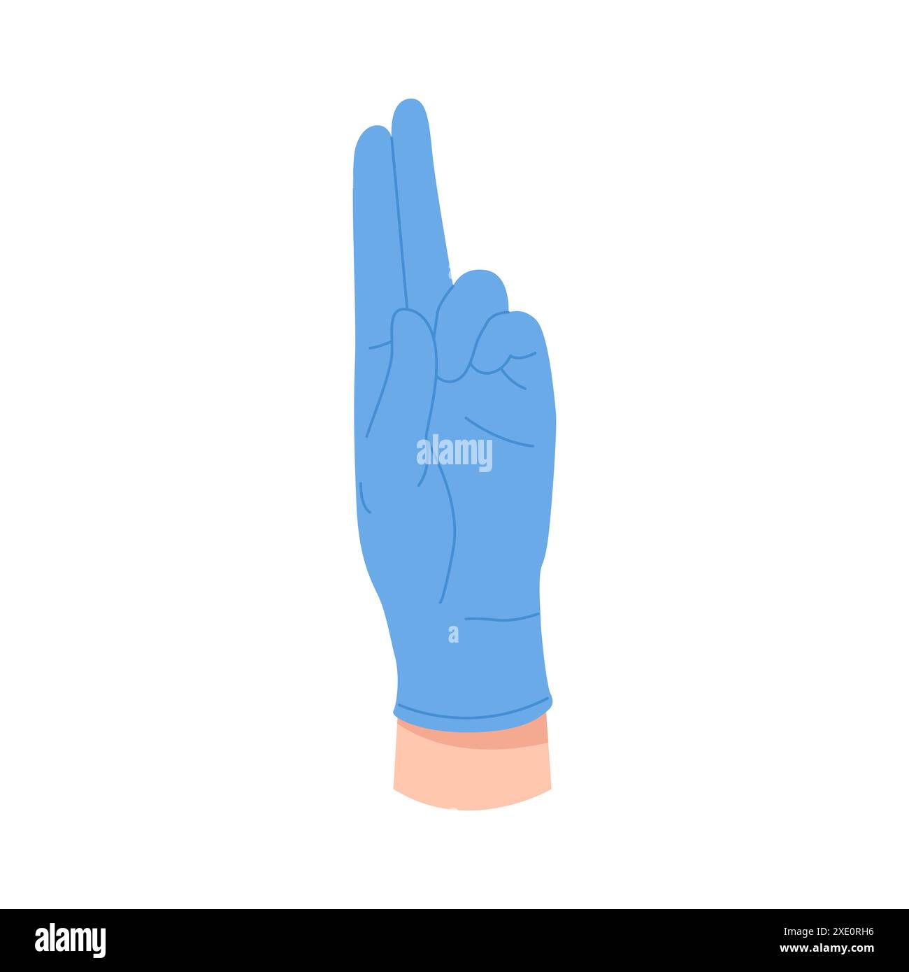 Doctors hand in protective blue glove raising index and middle fingers ...