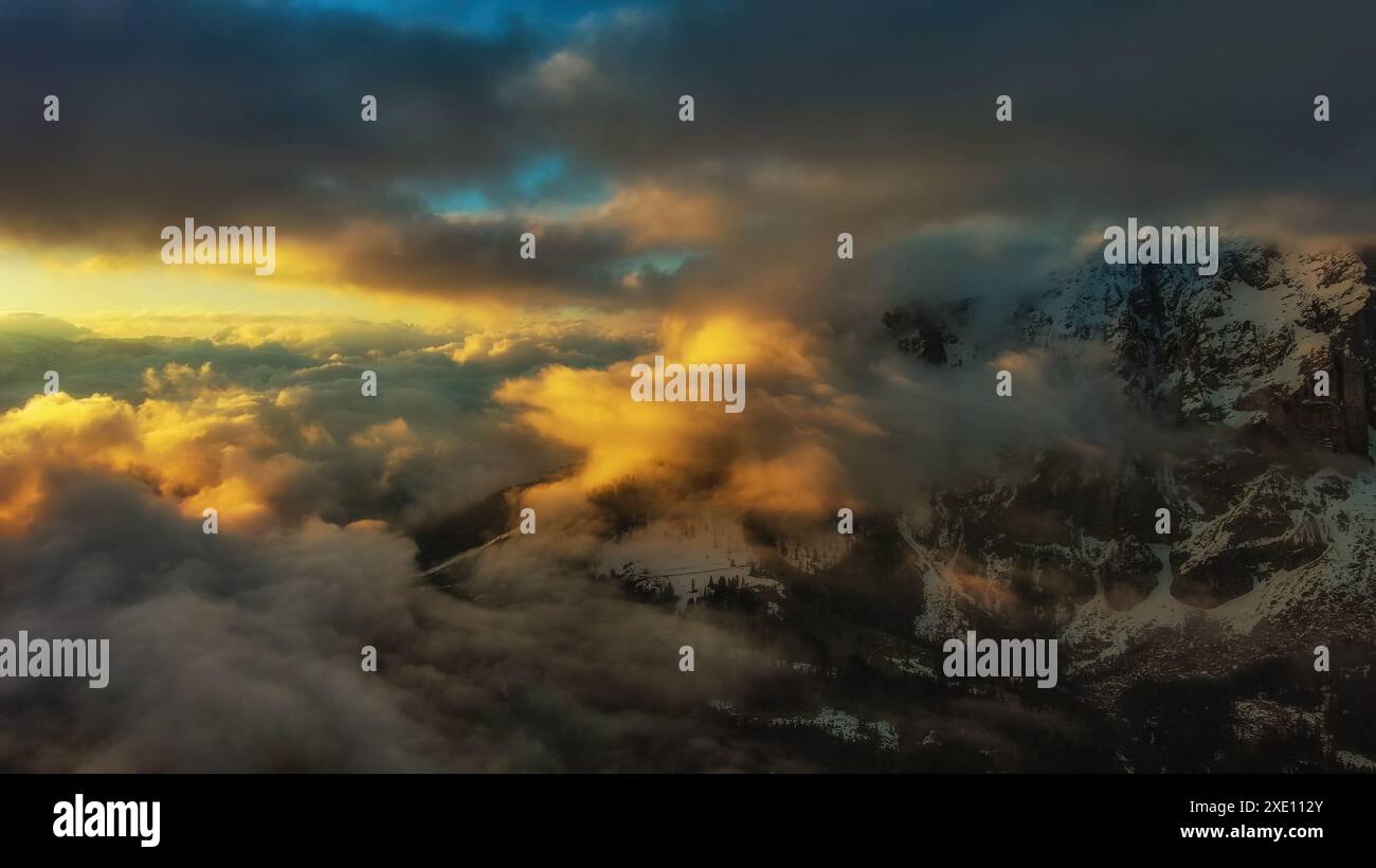 Rocky mountains at sunset aerial Stock Photo