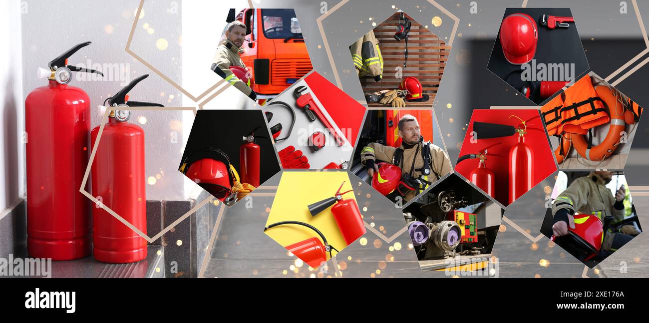 Collage With Fire Extinguishers, Firefighter And Firetruck. Banner 