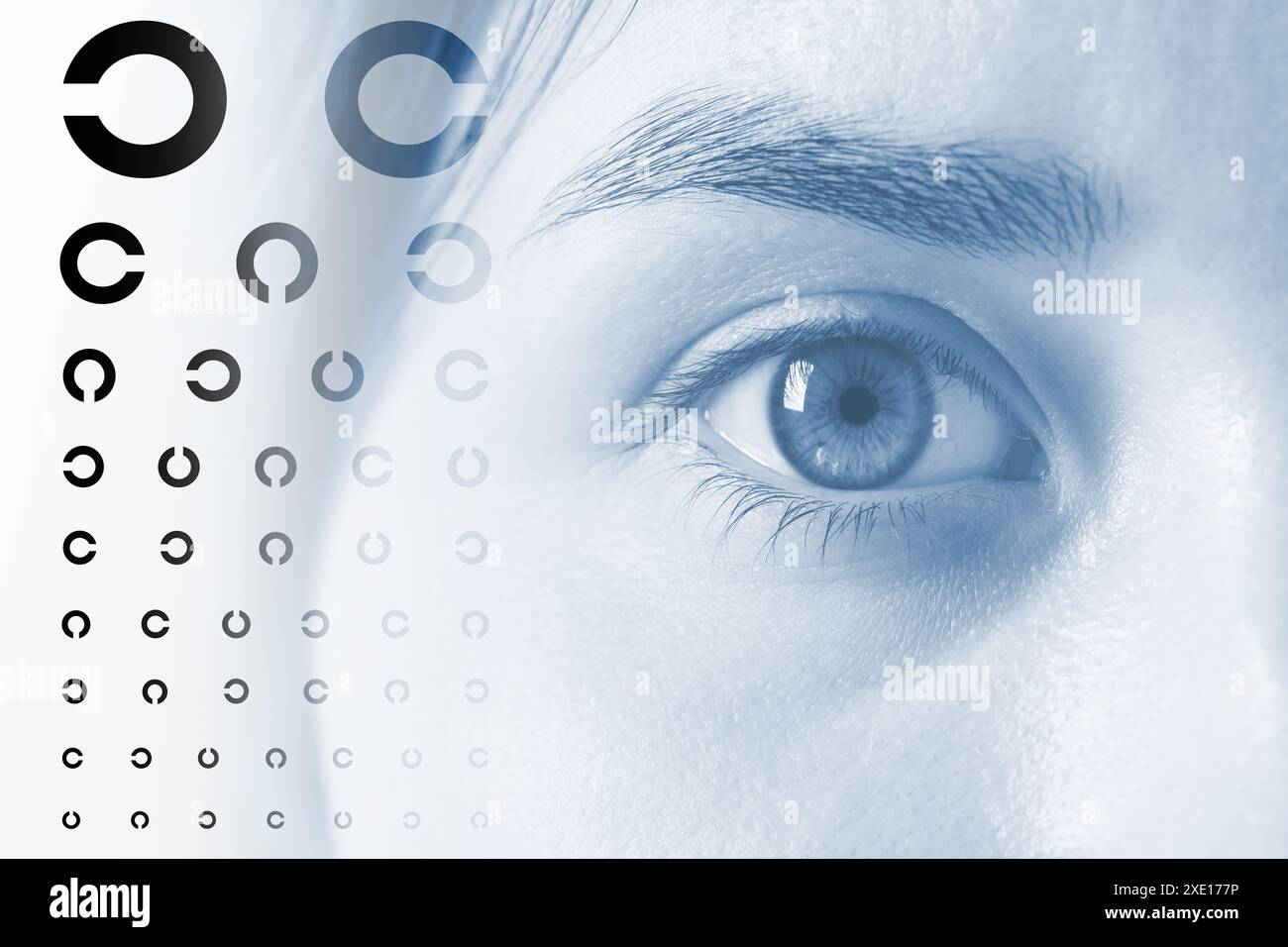 Landolt ring chart and closeup of woman's eye, color toned. Vision acuity test Stock Photo