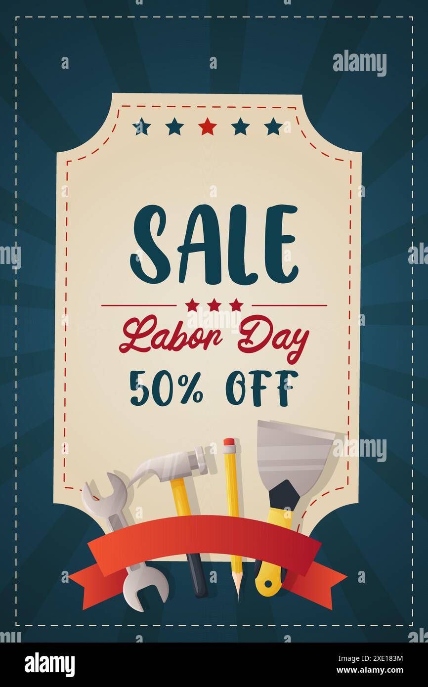 Banner, discount poster, sale, happy labor day, blue background and