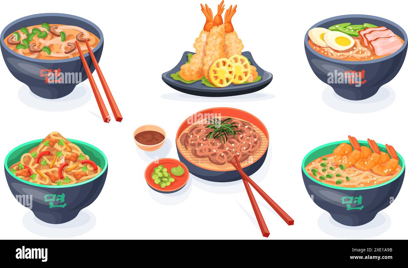 Japanese noodles bowls set. Asian korean chinese food variety thai soup dishes, ramen udon soba noodle bowl plate with chicken meat prawns sauce vegetable, neat vector illustration Stock Vector