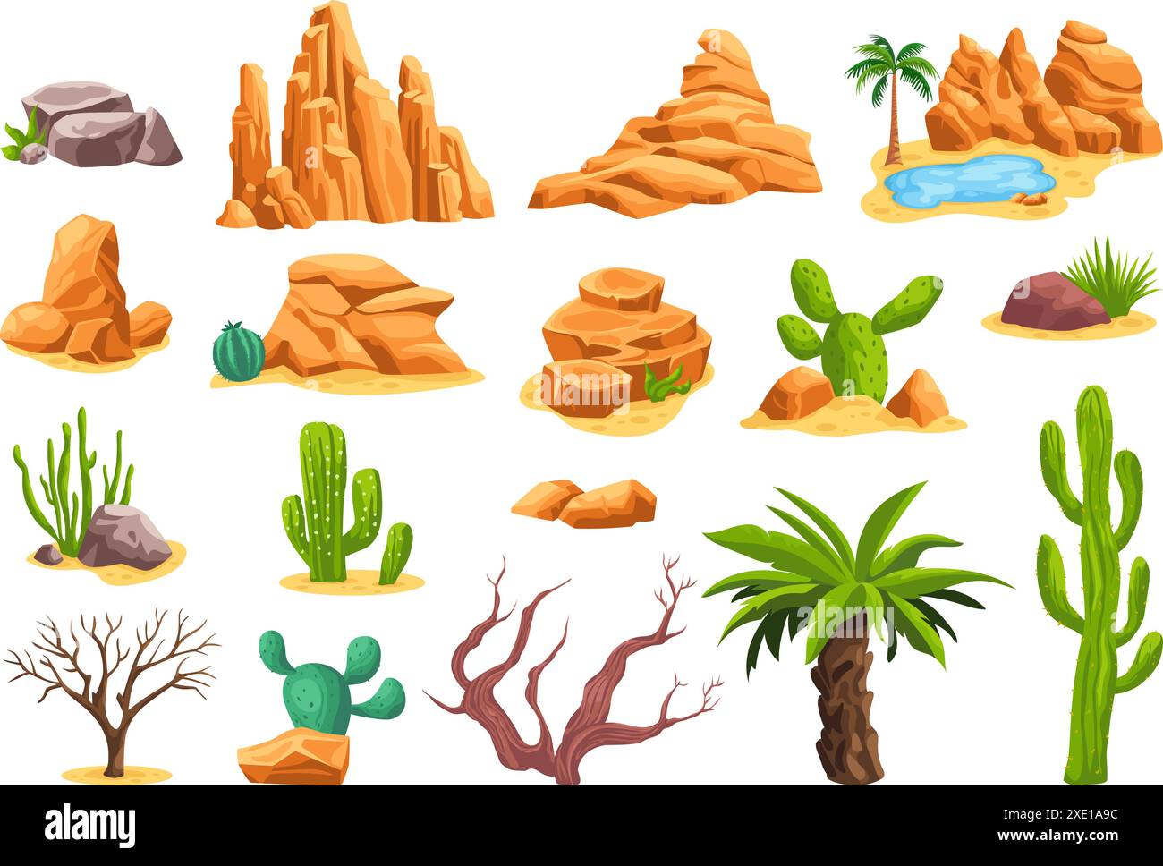 Desert stones cactus. Cartoon desertic landscape formation, africa safari vegetation sand dune oasis elements tumbleweed rock mountain canyon, western ingenious vector illustration Stock Vector