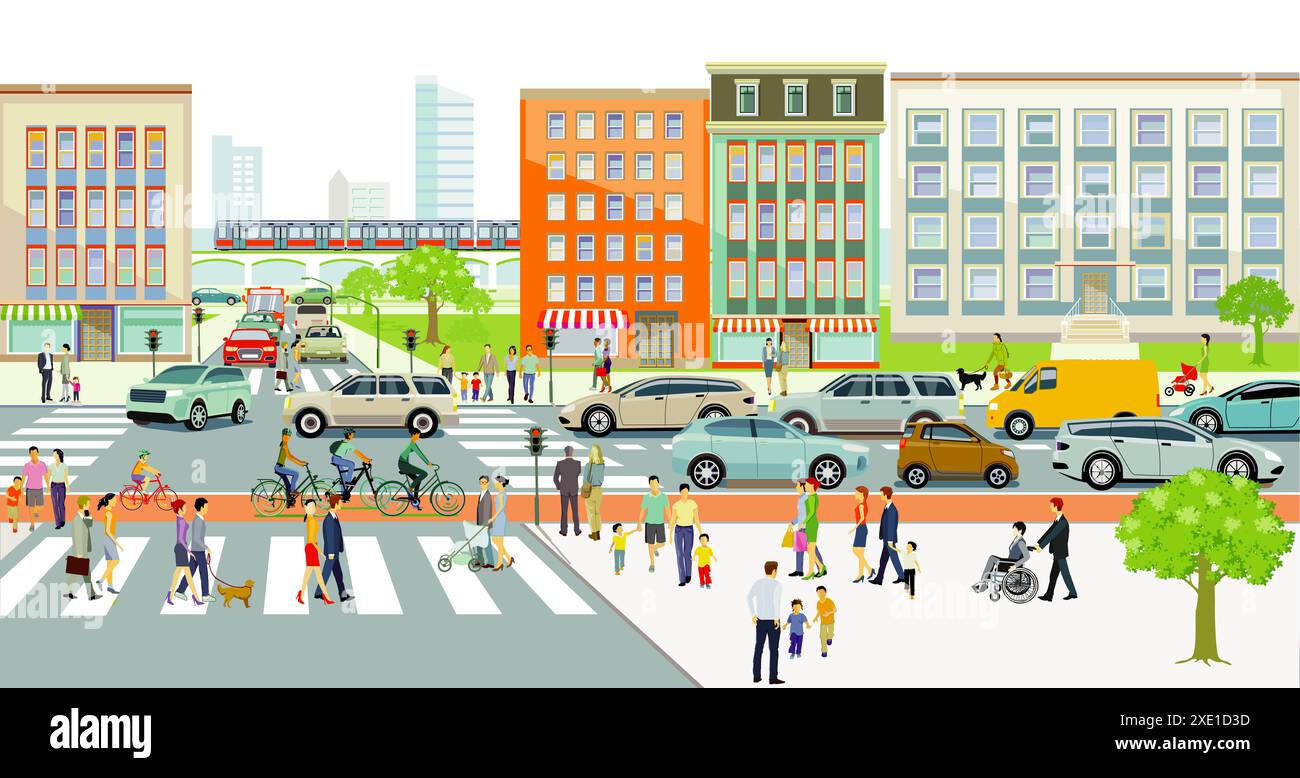 City silhouette of a city with traffic and pedestrians hi-res stock ...
