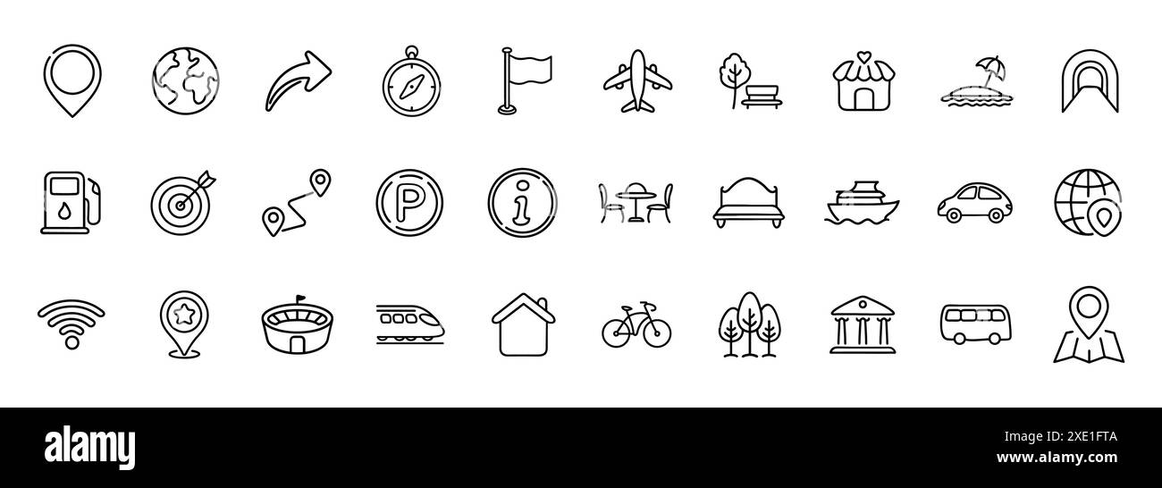 Set of location or geography line icons on white background Stock ...