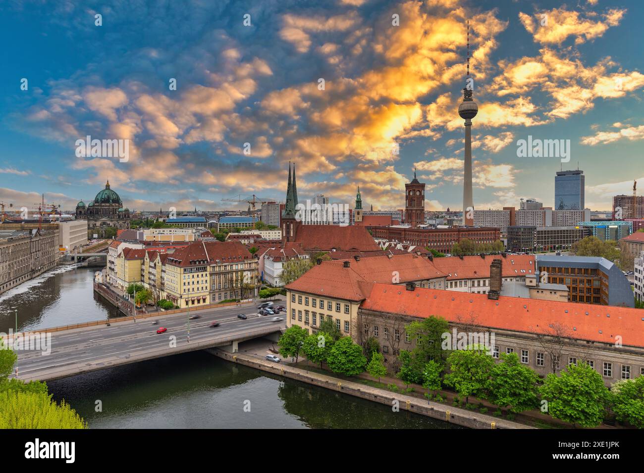 Berlin Germany, sunset city skyline at city center and Spree River ...