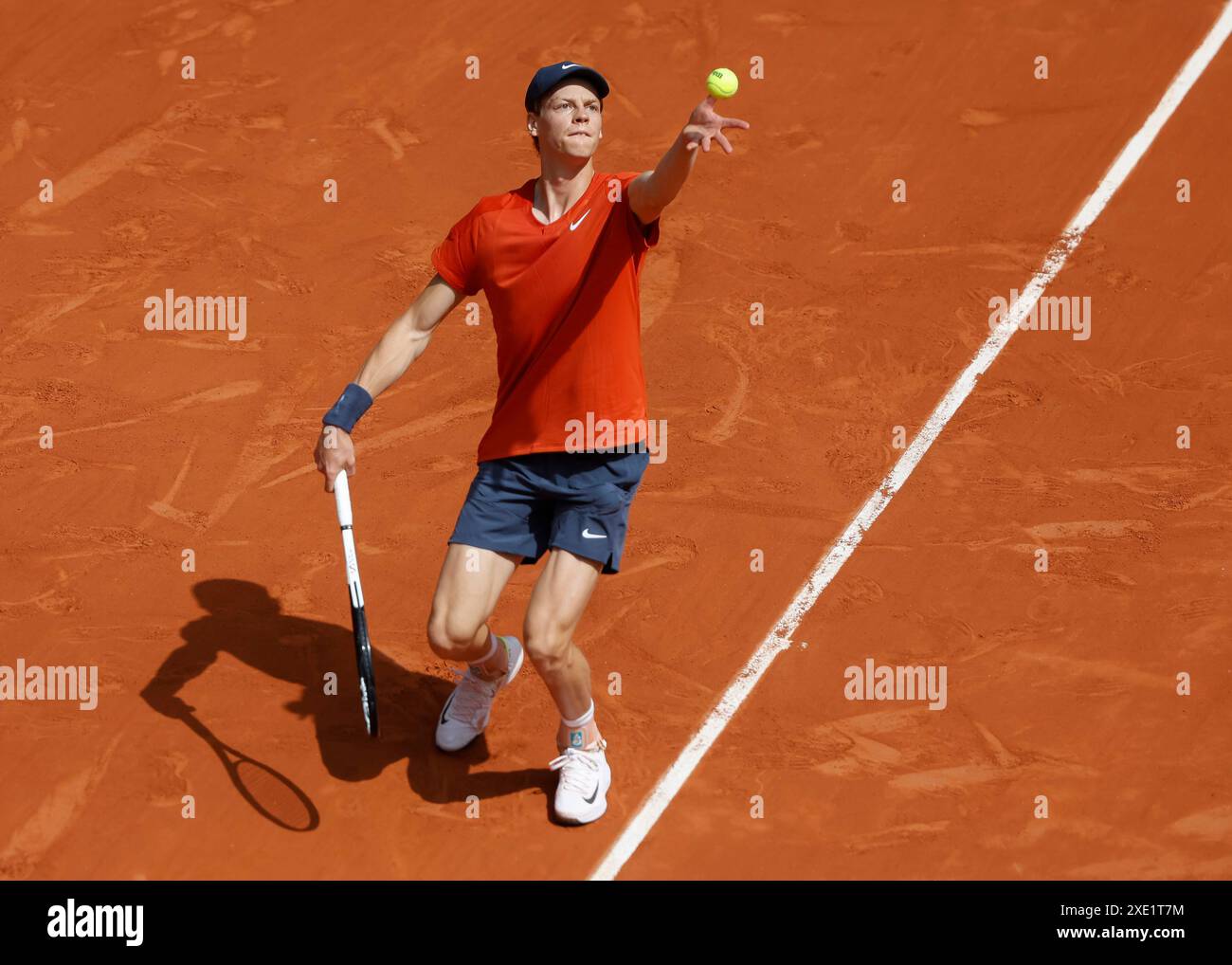 Italian tennis player Jannik Sinner in action at the French Open 2024