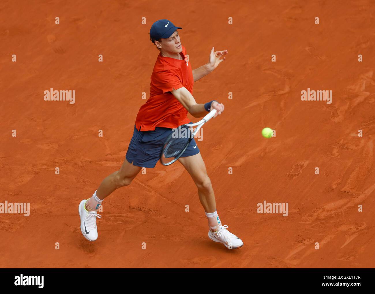 Italian tennis player Jannik Sinner in action at the French Open 2024