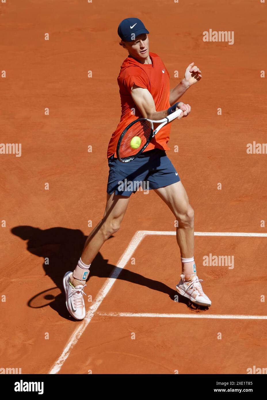 Italian tennis player Jannik Sinner in action at the French Open 2024