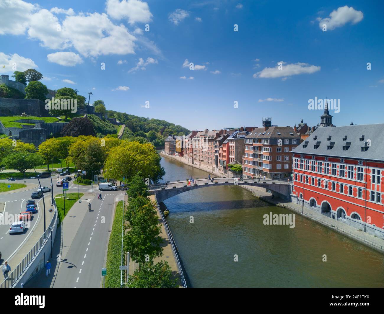 Bridge over Sambre river in Namur, Belgium, on a sunny day. Aerial view. Stock Photo