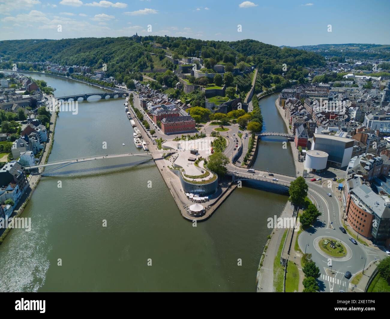 Fortified Citadel of Namur over the confluence of Seine and sambre rivers in Namur, Belgium. Aerial view. Stock Photo