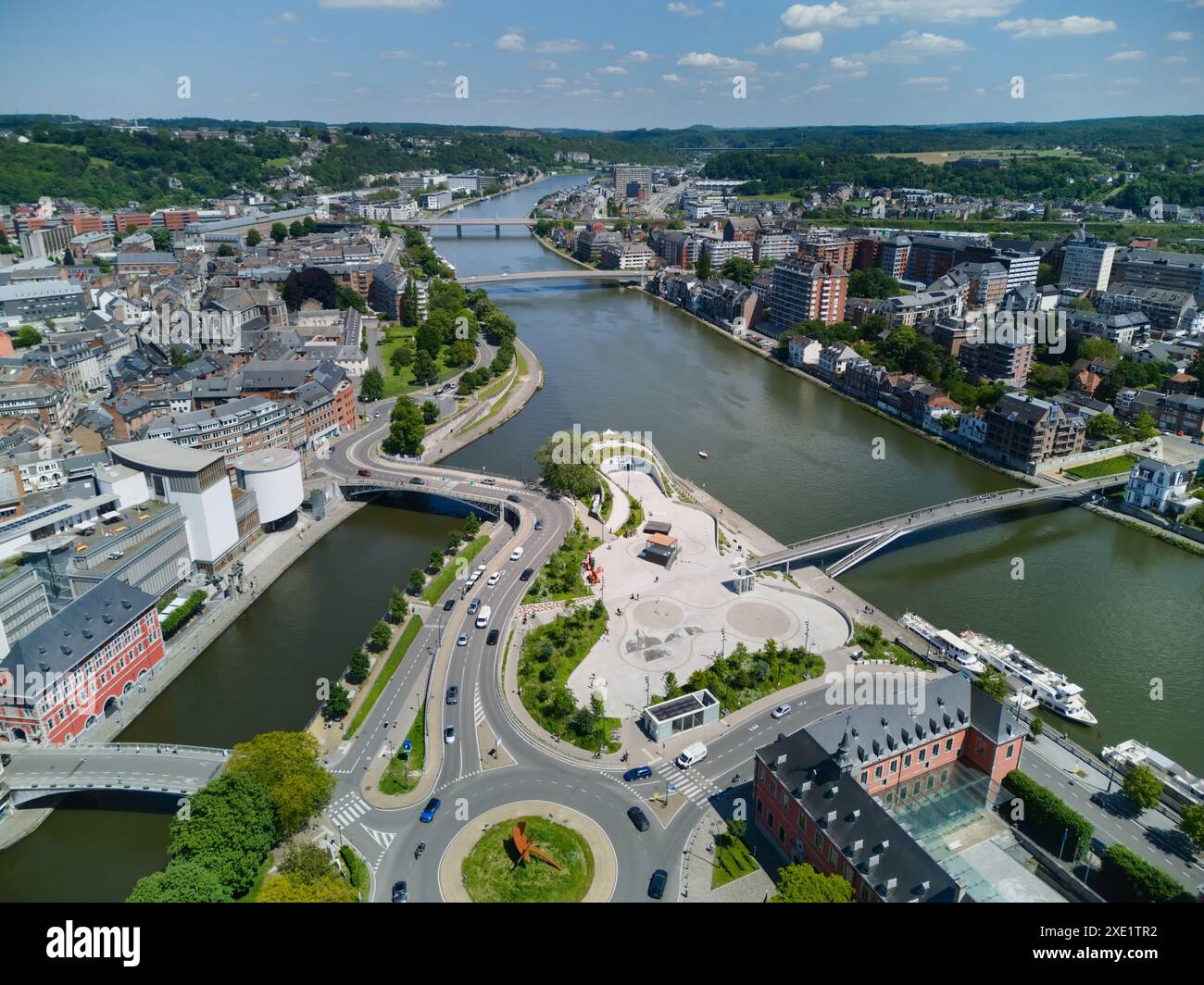 Confluence of Sambre and Seine rivers in Namur, Belgium, on a sunny day. Aerial view. Stock Photo