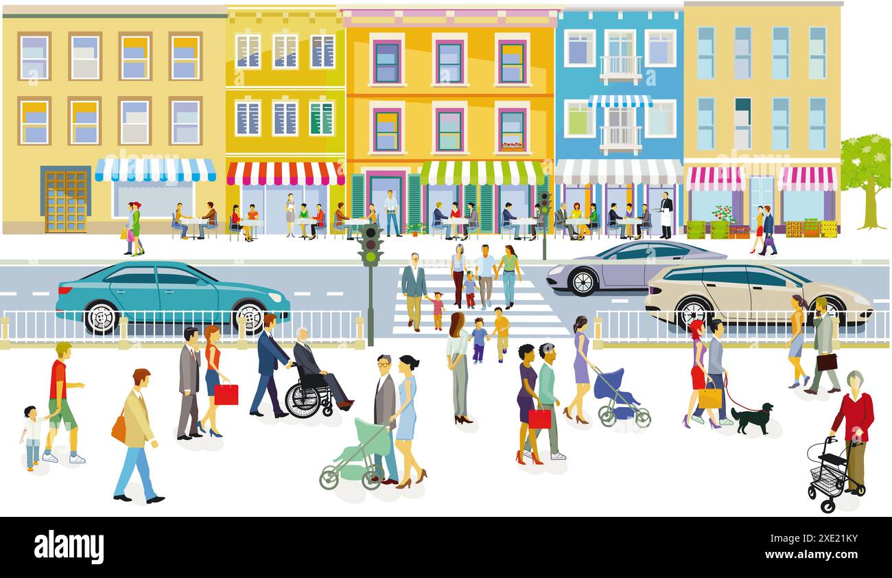 Road traffic with pedestrians, illustration Stock Photo - Alamy