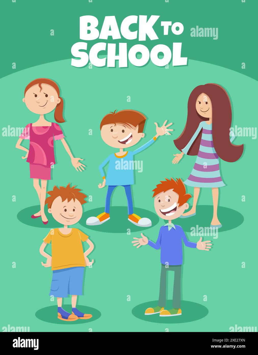 Cartoon happy children with back to school caption Stock Photo - Alamy