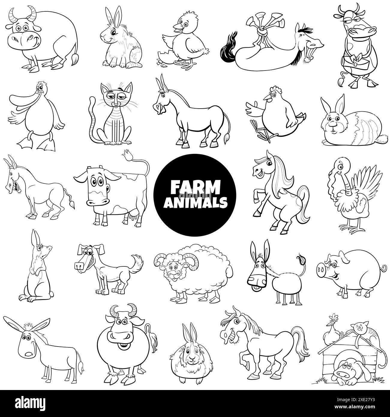 Cartoon illustration of funny farm animal characters big set coloring ...