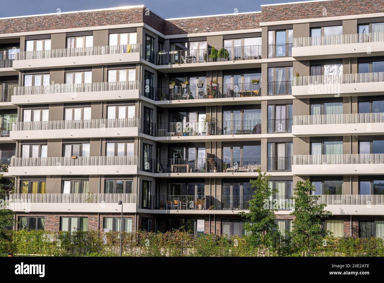 Modern apartment building with large balconies seen in Berlin, Germany ...